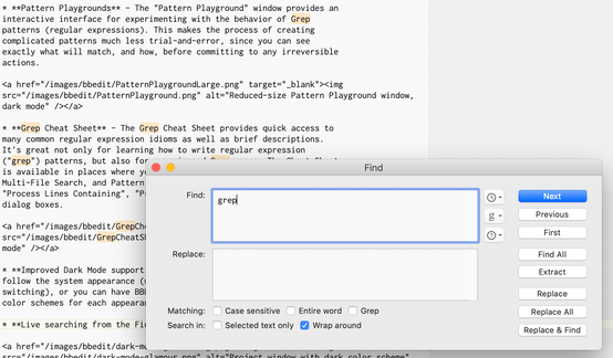 Partial screen capture with the word 'grep' typed in the Find window and matches highlighted in the window just behind it.