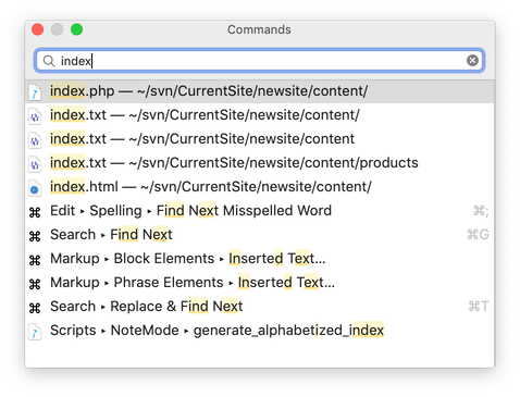 Commands panel box, with the word index entered in the search box