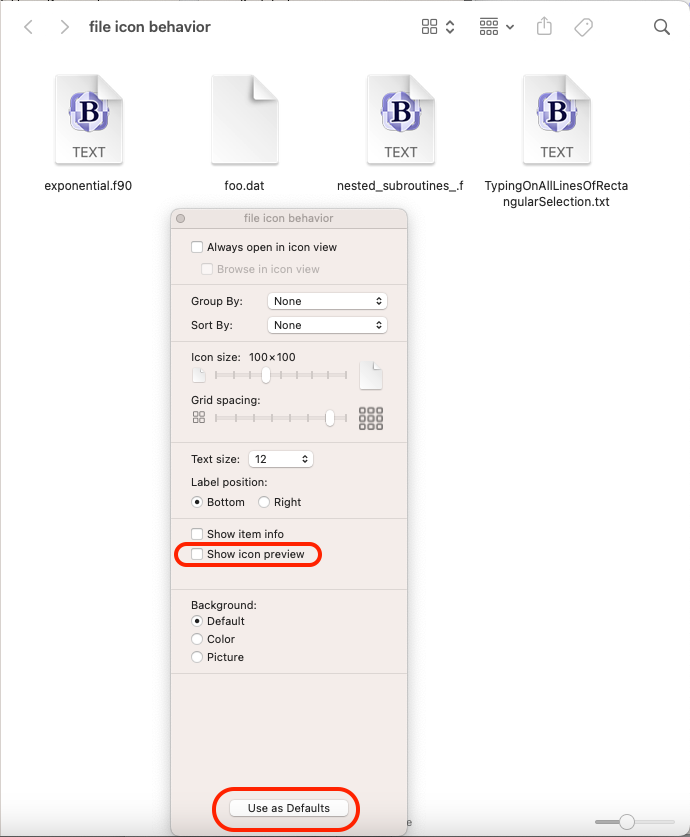 Icon view with "Show icon preview turned off, "Use as Defaults" button called out"